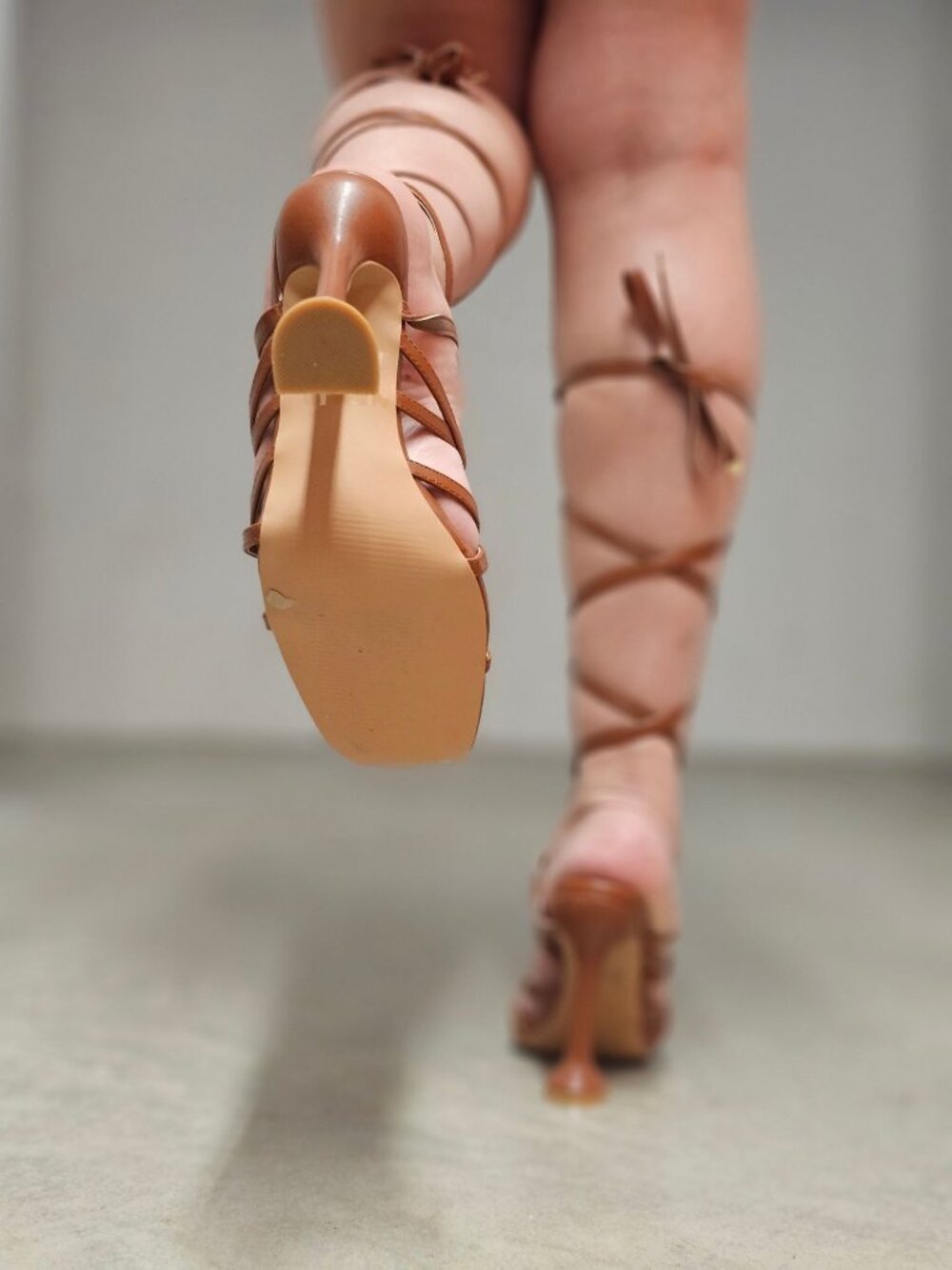 Strappy Brown Gladiator Heels With Lace-Up Design & Square Toe High Heel Sandals - Picture 8 of 16